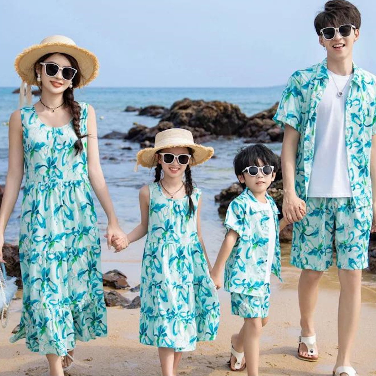 Family Matching Outfits Green Floral Dress and Tee and Shorts - ChildAngle