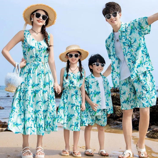 Family Matching Outfits Green Floral Dress and Tee and Shorts - ChildAngle