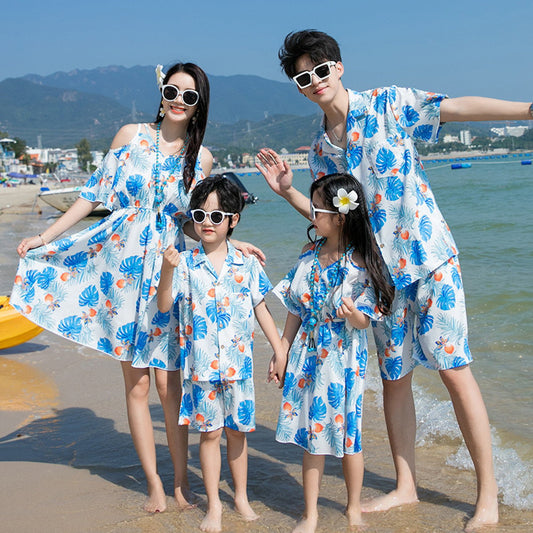 Family Matching Outfits Blue Palm Leaves Floral Bottom up Shirts and Palm Leaves Off Shoulder Dress - ChildAngle