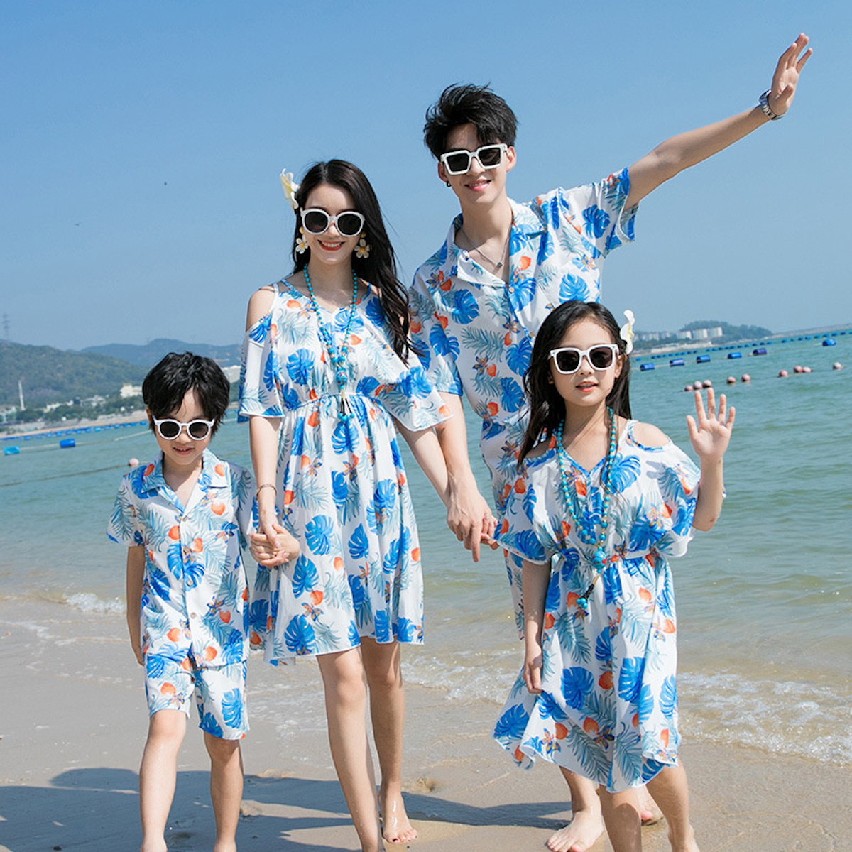 Family Matching Outfits Blue Palm Leaves Floral Bottom up Shirts and Palm Leaves Off Shoulder Dress - ChildAngle