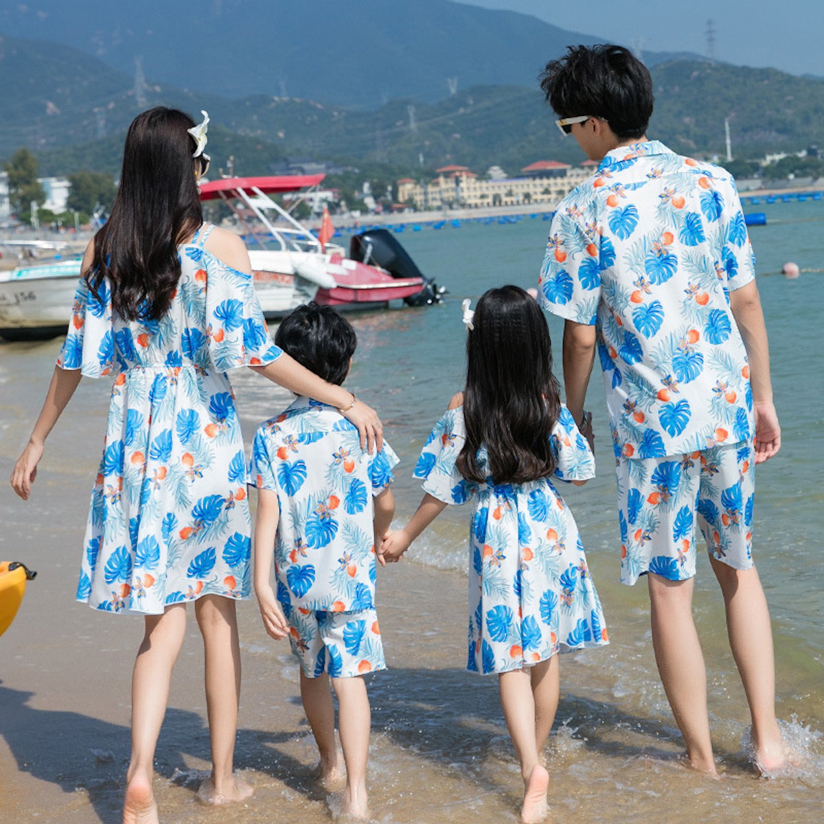 Family Matching Outfits Blue Palm Leaves Floral Bottom up Shirts and Palm Leaves Off Shoulder Dress - ChildAngle