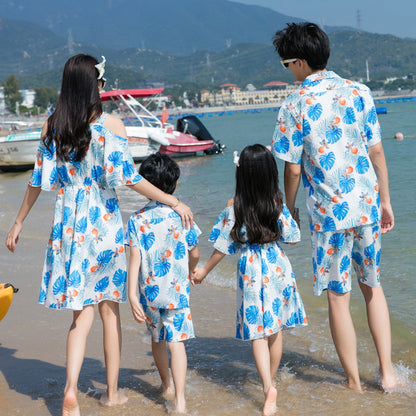 Family Matching Outfits Blue Palm Leaves Floral Bottom up Shirts and Palm Leaves Off Shoulder Dress - ChildAngle