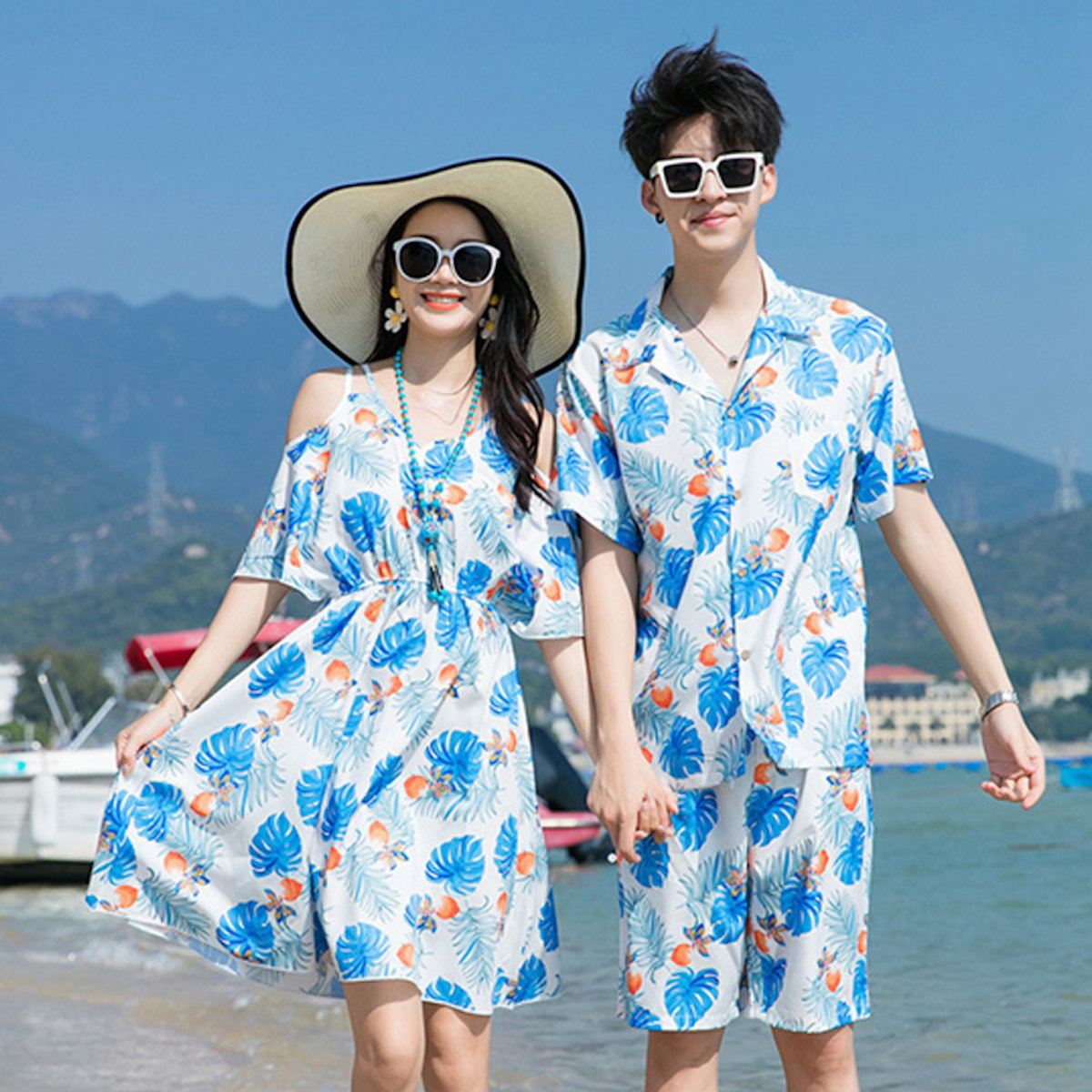 Family Matching Outfits Blue Palm Leaves Floral Bottom up Shirts and Palm Leaves Off Shoulder Dress - ChildAngle
