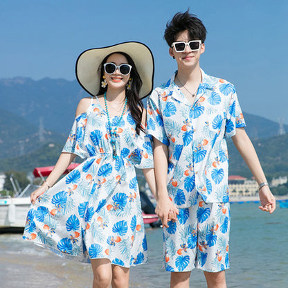 Family Matching Outfits Blue Palm Leaves Floral Bottom up Shirts and Palm Leaves Off Shoulder Dress - ChildAngle
