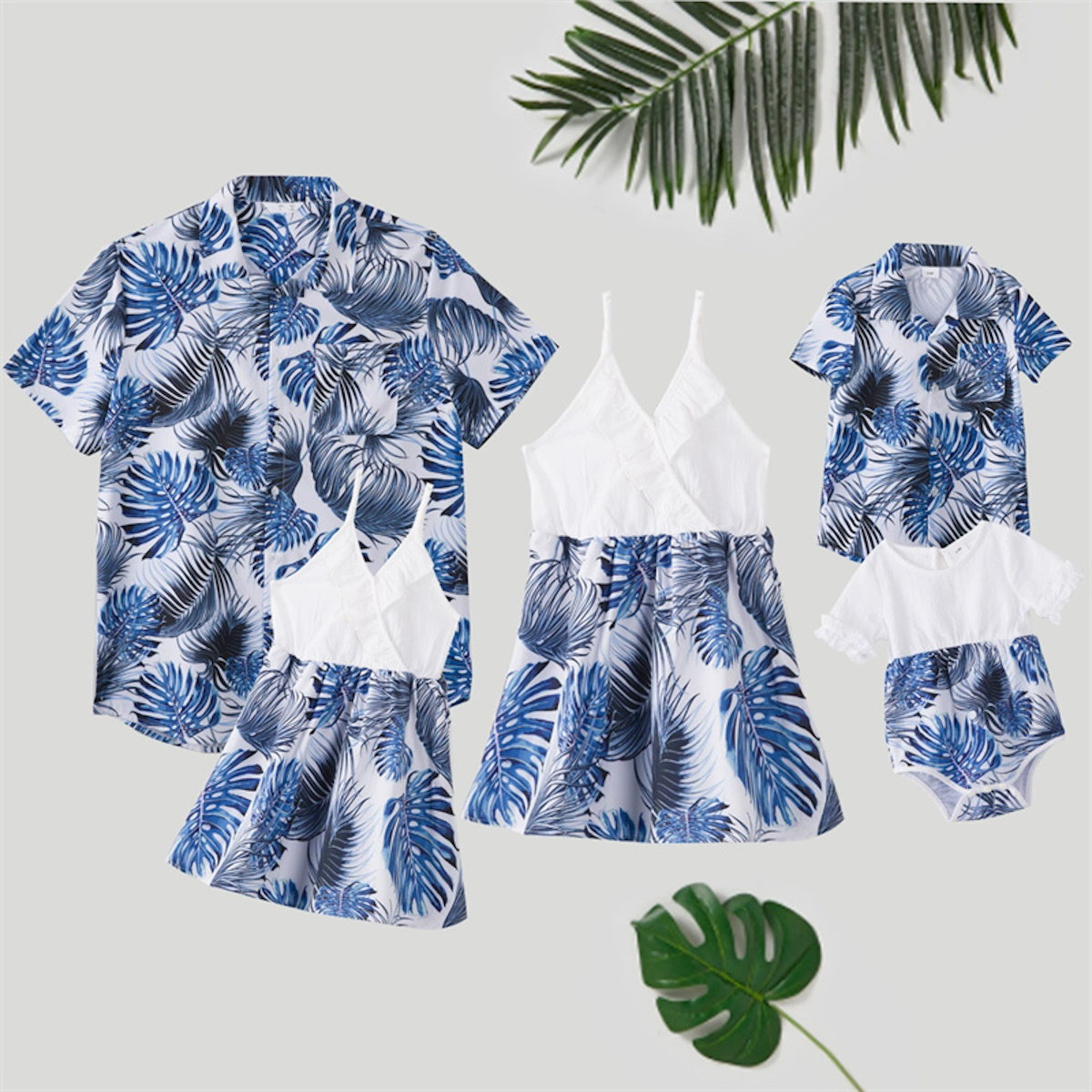 Family Matching Outfits Palm Leaves T-Shirts and Floral Ruffle Strap Dress - ChildAngle
