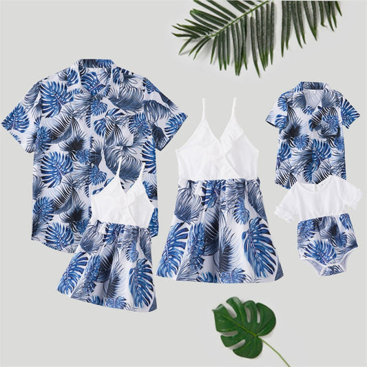 Family Matching Outfits Palm Leaves T-Shirts and Floral Ruffle Strap Dress - ChildAngle