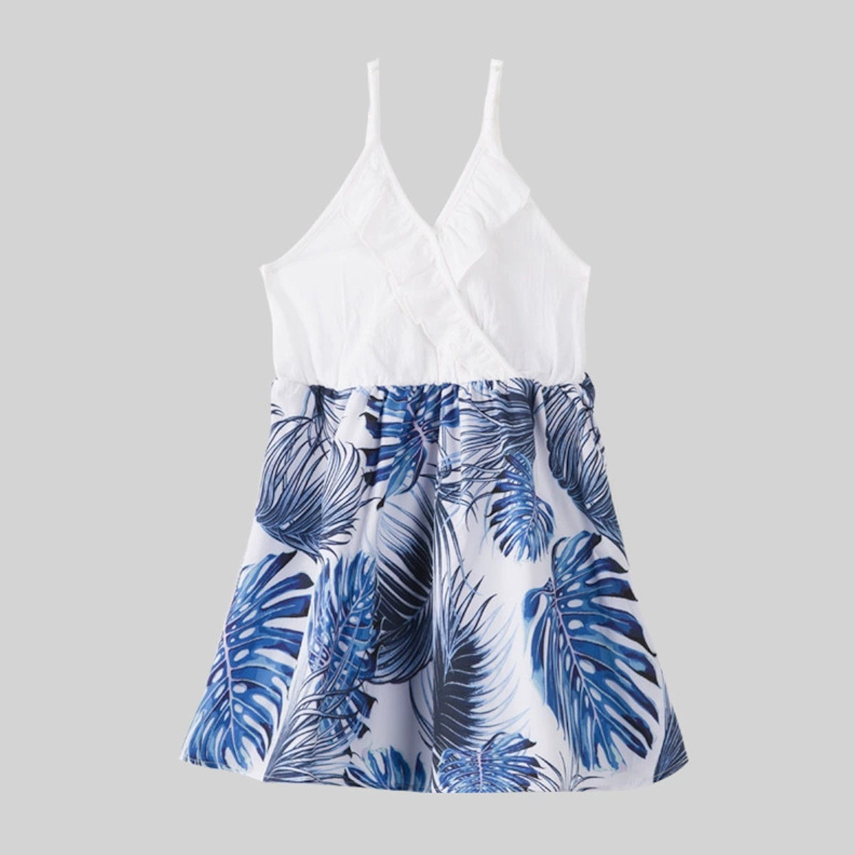 Family Matching Outfits Palm Leaves T-Shirts and Floral Ruffle Strap Dress - ChildAngle
