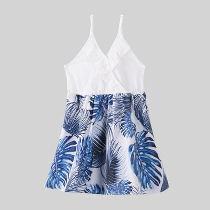 Family Matching Outfits Palm Leaves T-Shirts and Floral Ruffle Strap Dress - ChildAngle