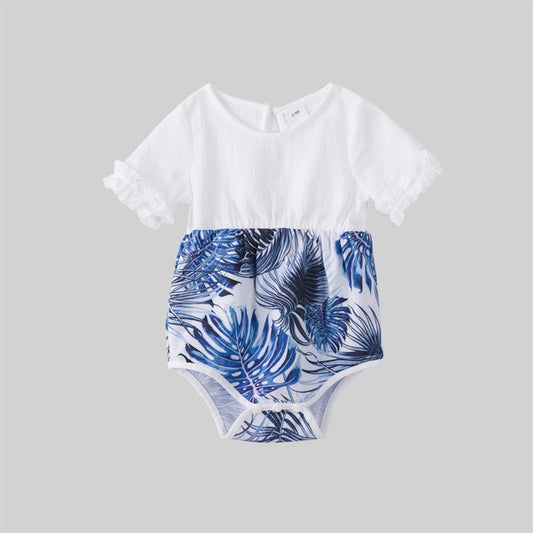 Family Matching Outfits Palm Leaves T-Shirts and Floral Ruffle Strap Dress - ChildAngle