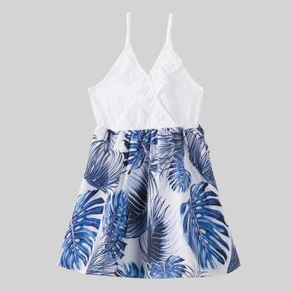 Family Matching Outfits Palm Leaves T-Shirts and Floral Ruffle Strap Dress - ChildAngle