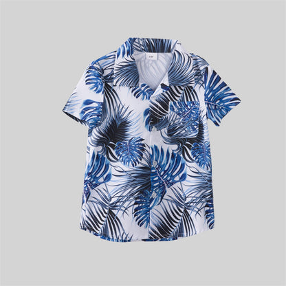 Family Matching Outfits Palm Leaves T-Shirts and Floral Ruffle Strap Dress - ChildAngle
