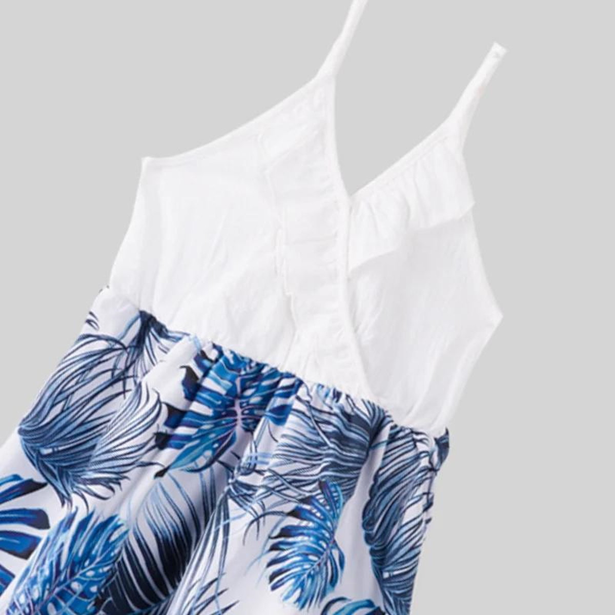 Family Matching Outfits Palm Leaves T-Shirts and Floral Ruffle Strap Dress - ChildAngle
