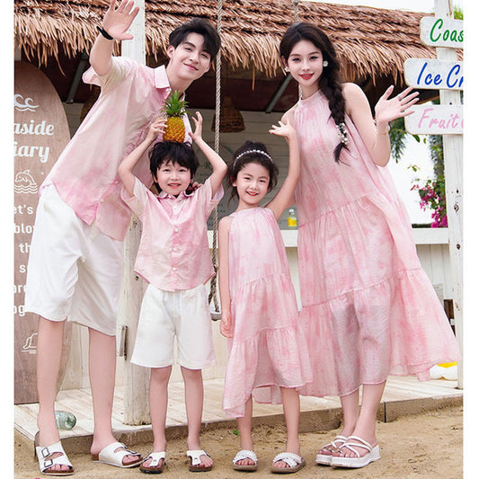 Family Matching Outfits Pink Tie Dye Shirts White Shorts and Pink Tie Dye High Neck Halter Dress - ChildAngle