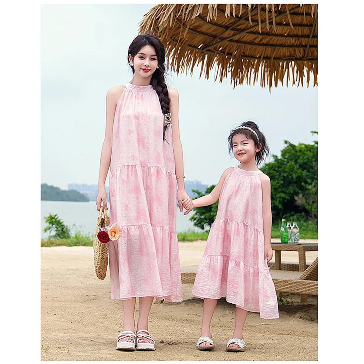 Family Matching Outfits Pink Tie Dye Shirts White Shorts and Pink Tie Dye High Neck Halter Dress - ChildAngle