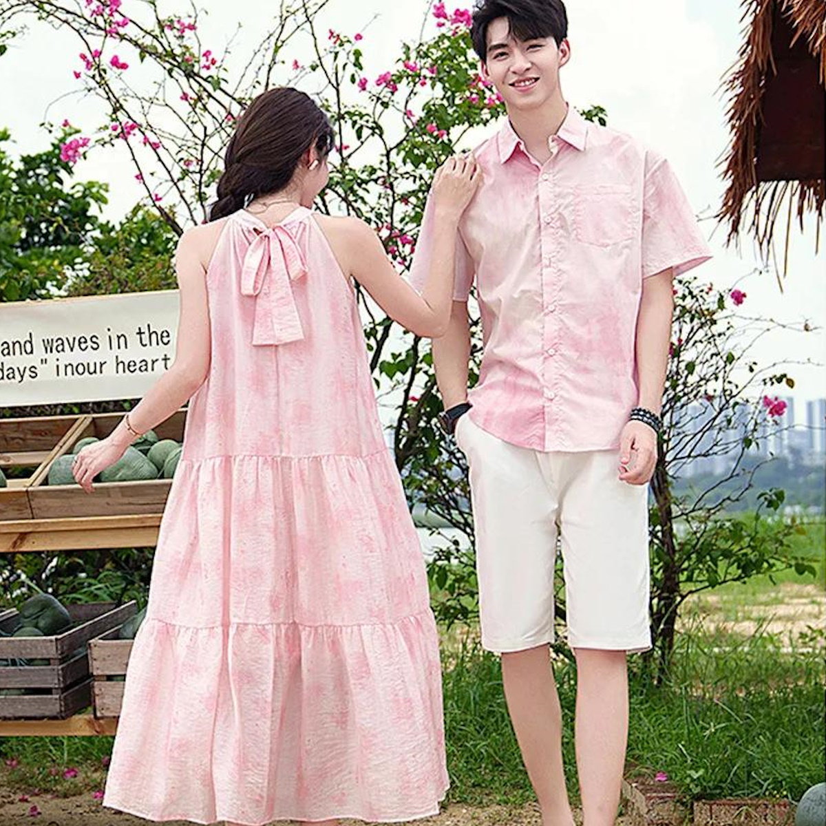 Family Matching Outfits Pink Tie Dye Shirts White Shorts and Pink Tie Dye High Neck Halter Dress - ChildAngle