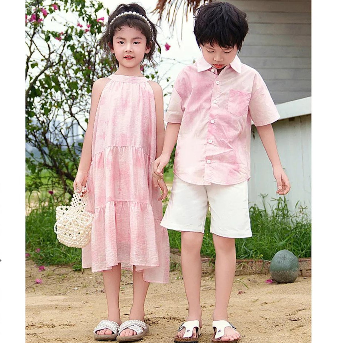 Family Matching Outfits Pink Tie Dye Shirts White Shorts and Pink Tie Dye High Neck Halter Dress - ChildAngle