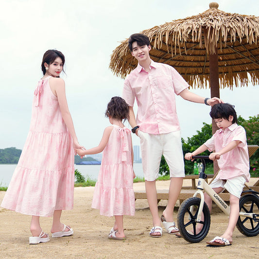 Family Matching Outfits Pink Tie Dye Shirts White Shorts and Pink Tie Dye High Neck Halter Dress - ChildAngle