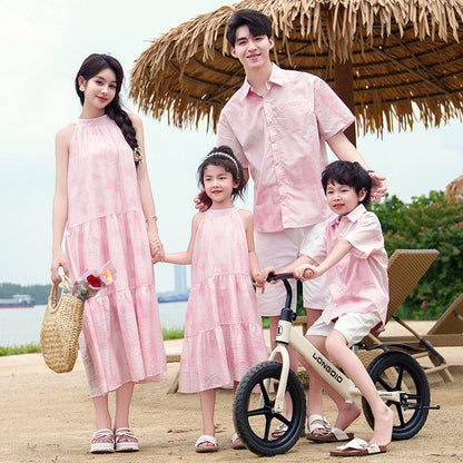 Family Matching Outfits Pink Tie Dye Shirts White Shorts and Pink Tie Dye High Neck Halter Dress - ChildAngle