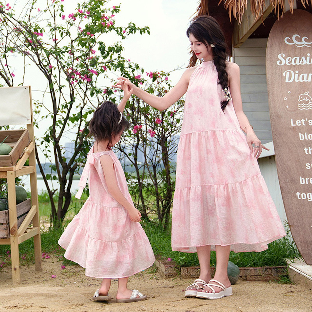Family Matching Outfits Pink Tie Dye Shirts White Shorts and Pink Tie Dye High Neck Halter Dress - ChildAngle