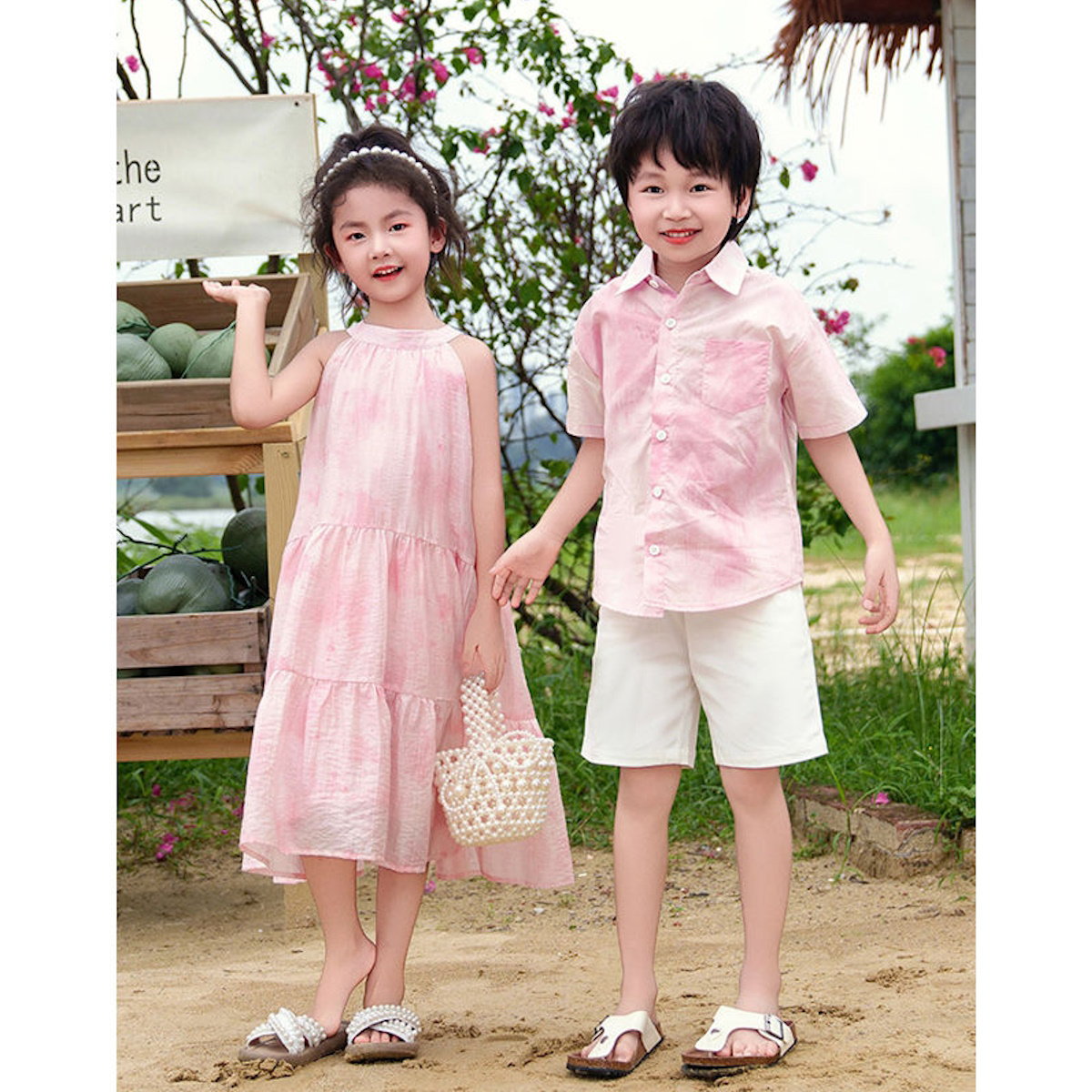 Family Matching Outfits Pink Tie Dye Shirts White Shorts and Pink Tie Dye High Neck Halter Dress - ChildAngle