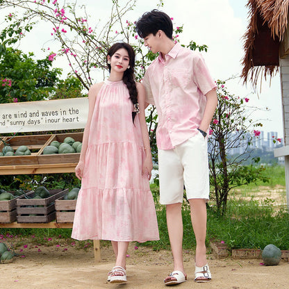 Family Matching Outfits Pink Tie Dye Shirts White Shorts and Pink Tie Dye High Neck Halter Dress - ChildAngle