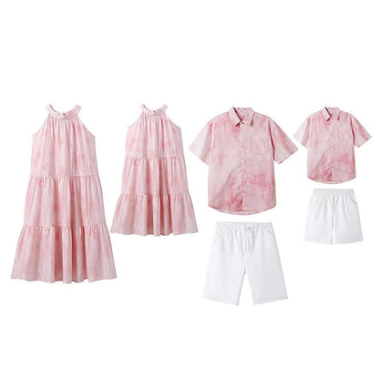 Family Matching Outfits Pink Tie Dye Shirts White Shorts and Pink Tie Dye High Neck Halter Dress - ChildAngle