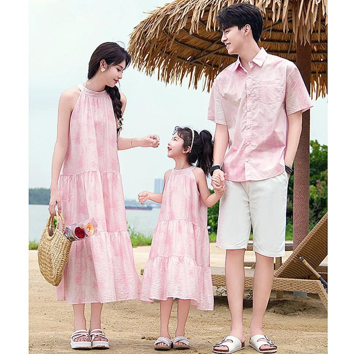 Family Matching Outfits Pink Tie Dye Shirts White Shorts and Pink Tie Dye High Neck Halter Dress - ChildAngle