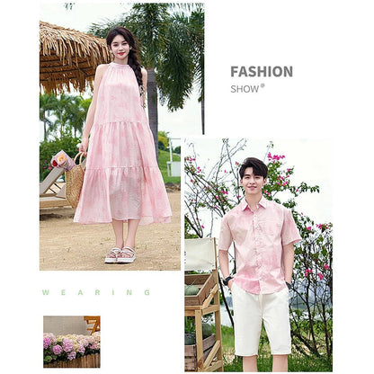 Family Matching Outfits Pink Tie Dye Shirts White Shorts and Pink Tie Dye High Neck Halter Dress - ChildAngle