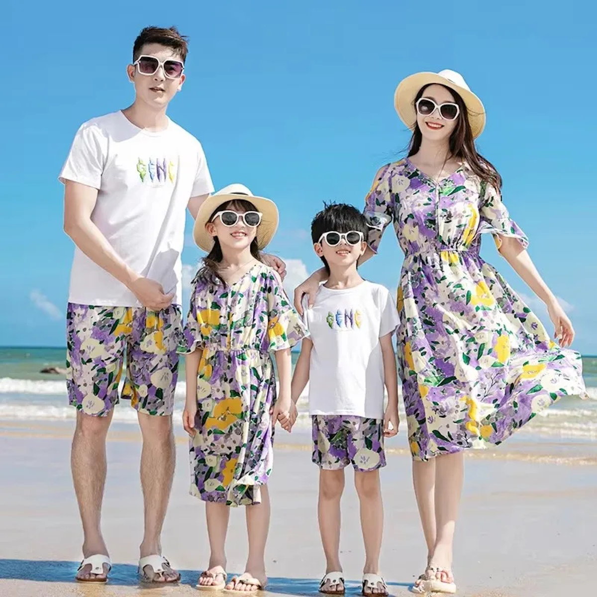 Family Matching Outfits Graphic Tee and Flower Print Shortts and Purple Flower Flared Sleeve Dress - ChildAngle