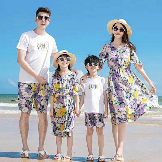 Family Matching Outfits Graphic Tee and Flower Print Shortts and Purple Flower Flared Sleeve Dress - ChildAngle