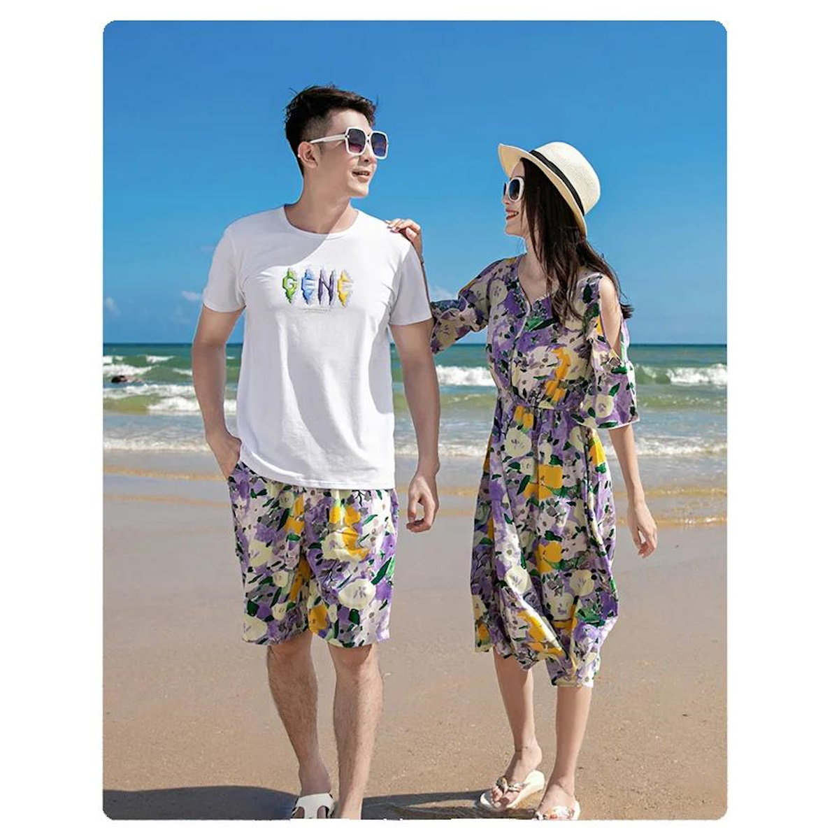 Family Matching Outfits Graphic Tee and Flower Print Shorts and Purple Flower Flared Sleeve Dress - ChildAngle