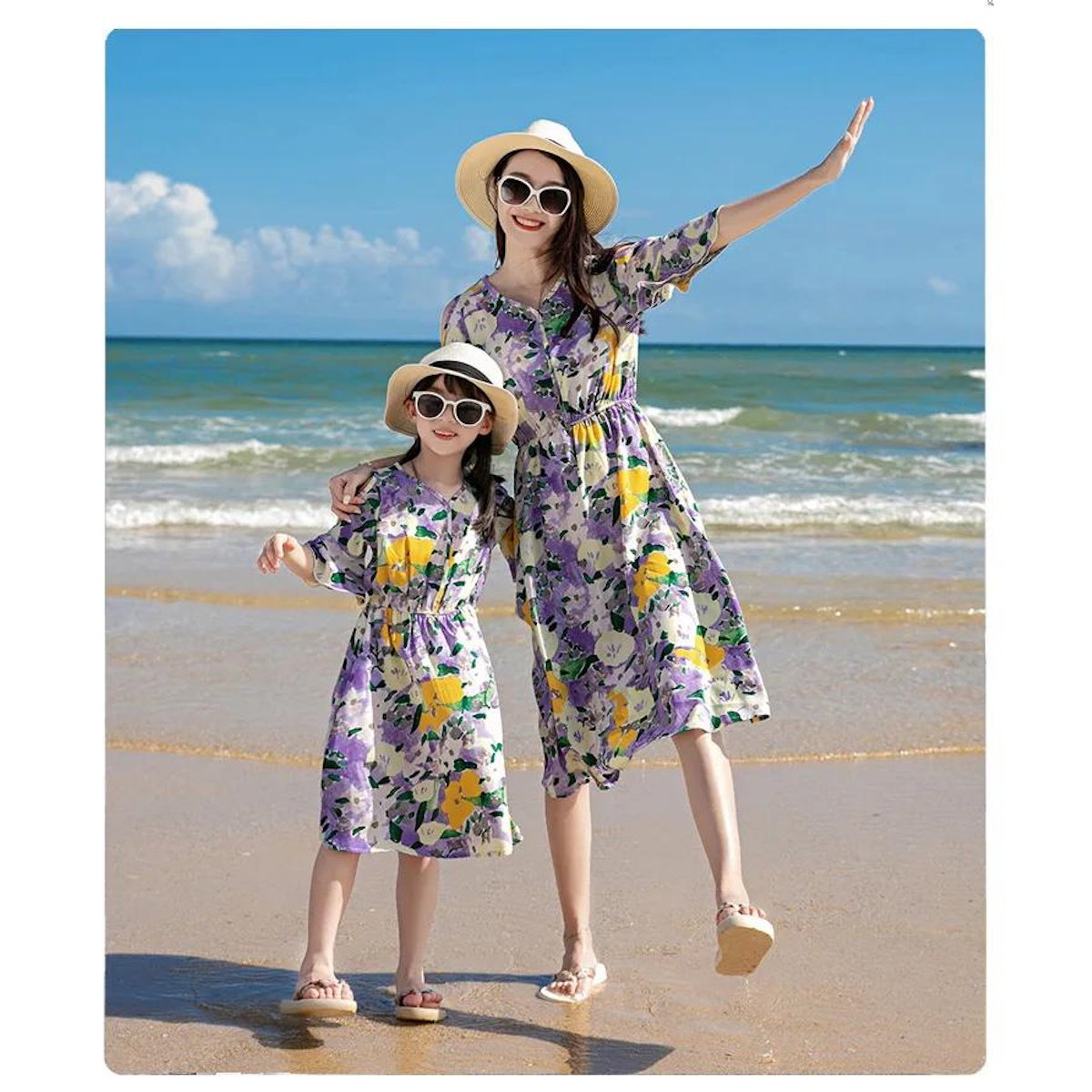 Family Matching Outfits Graphic Tee and Flower Print Shorts and Purple Flower Flared Sleeve Dress - ChildAngle