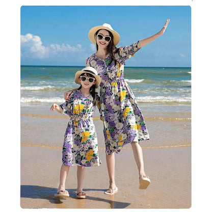 Family Matching Outfits Graphic Tee and Flower Print Shorts and Purple Flower Flared Sleeve Dress - ChildAngle