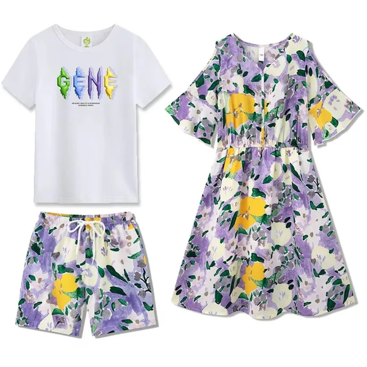 Family Matching Outfits Graphic Tee and Flower Print Shortts and Purple Flower Flared Sleeve Dress - ChildAngle