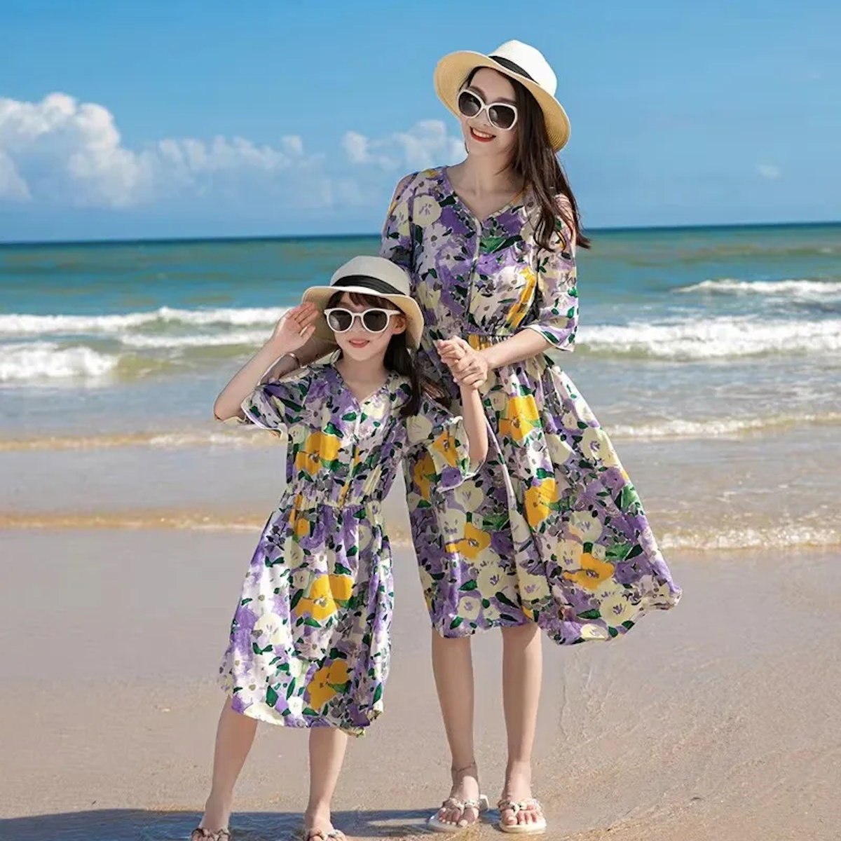 Family Matching Outfits Graphic Tee and Flower Print Shorts and Purple Flower Flared Sleeve Dress - ChildAngle