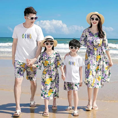 Family Matching Outfits Graphic Tee and Flower Print Shorts and Purple Flower Flared Sleeve Dress - ChildAngle