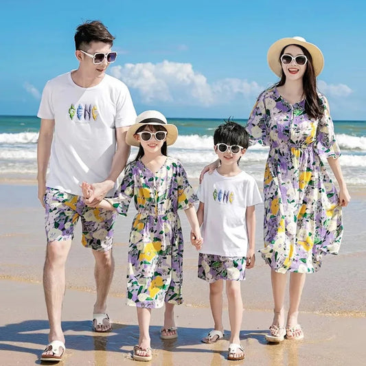 Family Matching Outfits Graphic Tee and Flower Print Shorts and Purple Flower Flared Sleeve Dress - ChildAngle