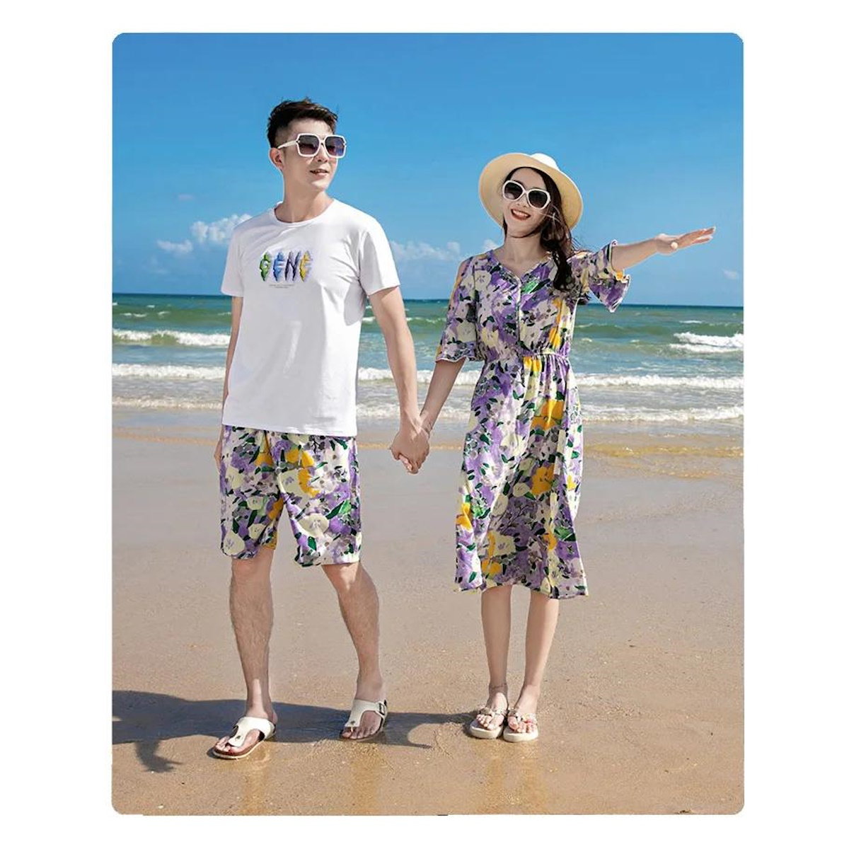 Family Matching Outfits Graphic Tee and Flower Print Shorts and Purple Flower Flared Sleeve Dress - ChildAngle