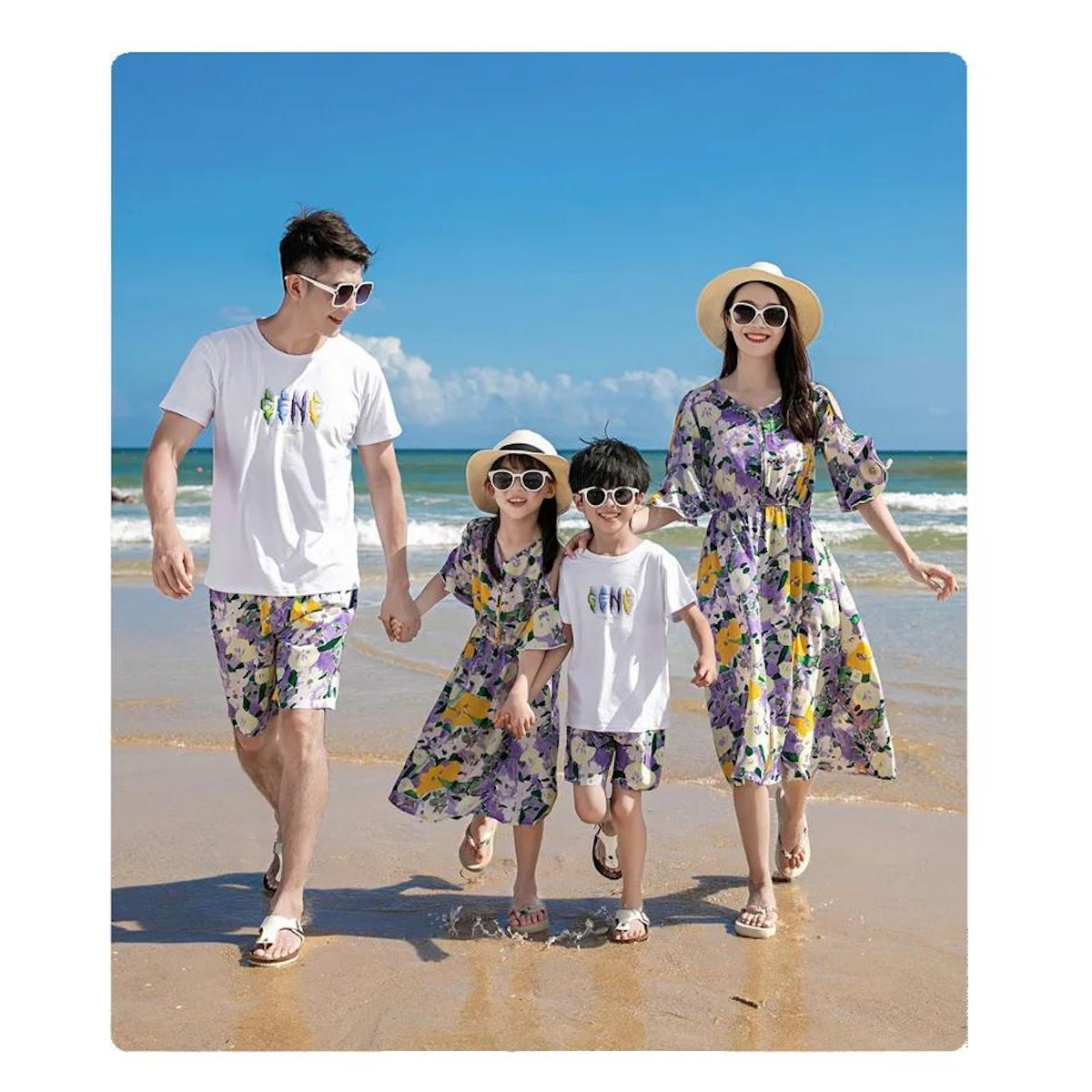 Family Matching Outfits Graphic Tee and Flower Print Shorts and Purple Flower Flared Sleeve Dress - ChildAngle