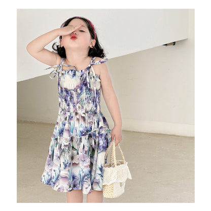 Conjuntos a juego para la familia: Polos de flores y vestido fruncido con tirantes para anudar al hombro