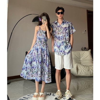 Conjuntos a juego para la familia: Polos de flores y vestido fruncido con tirantes para anudar al hombro