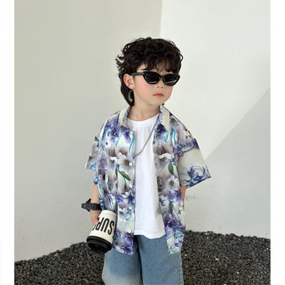 Conjuntos a juego para la familia: Polos de flores y vestido fruncido con tirantes para anudar al hombro