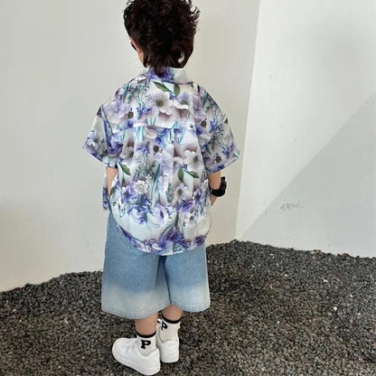 Conjuntos a juego para la familia: Polos de flores y vestido fruncido con tirantes para anudar al hombro