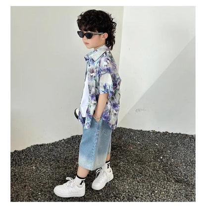 Conjuntos a juego para la familia: Polos de flores y vestido fruncido con tirantes para anudar al hombro