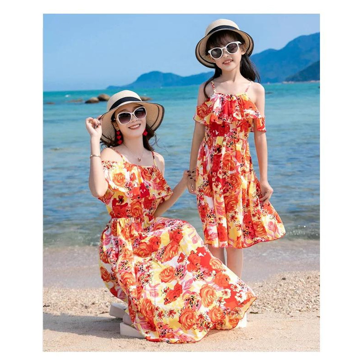 Family Matching Outfits Flower Print Floral Off Shoulder Ruffle Hem Strap Dress with Letter Print - ChildAngle