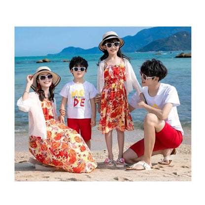 Family Matching Outfits Flower Print Floral Off Shoulder Ruffle Hem Strap Dress with Letter Print - ChildAngle