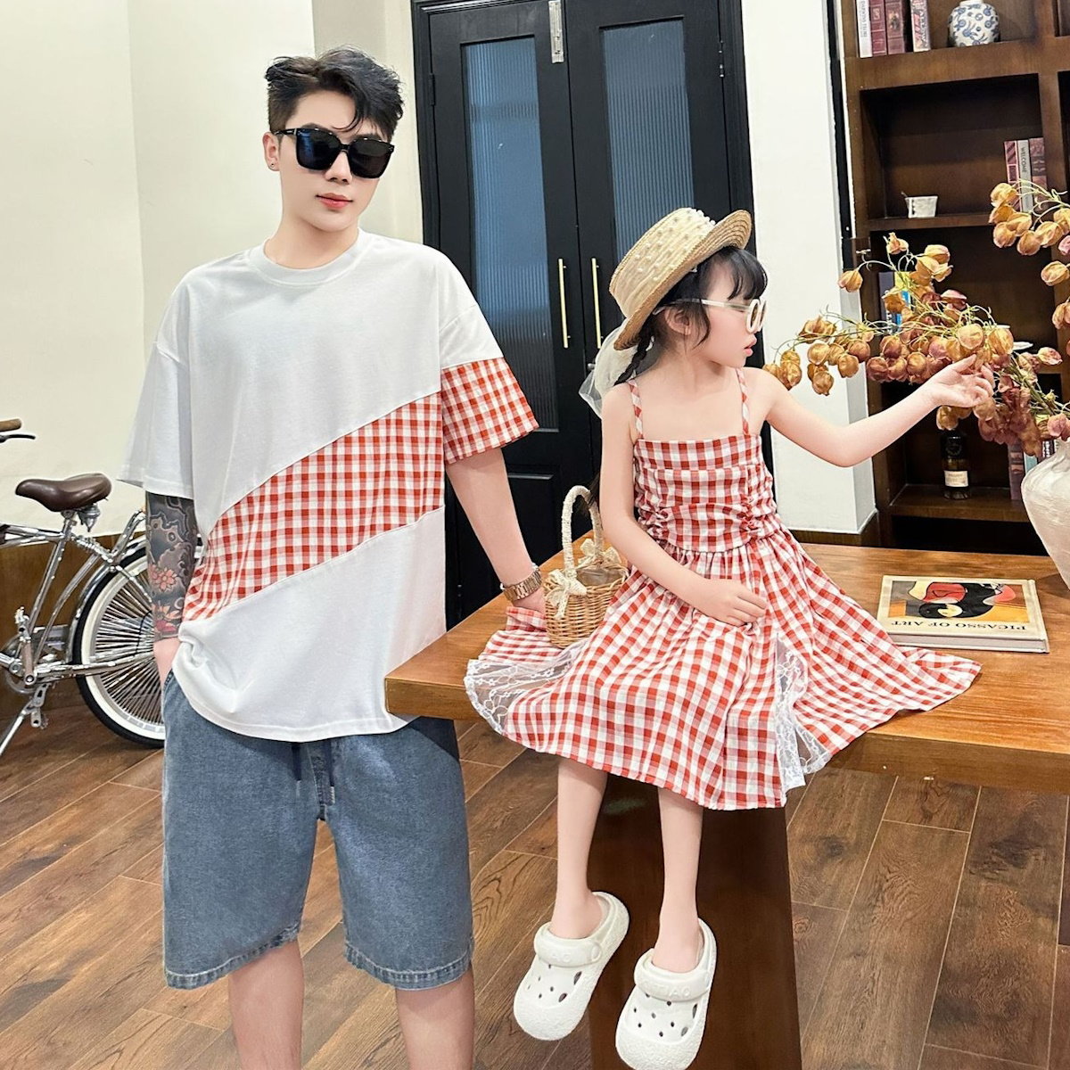 Family Matching Outfits Red Embroidery Plaid Slip Dress and Shirts - ChildAngle