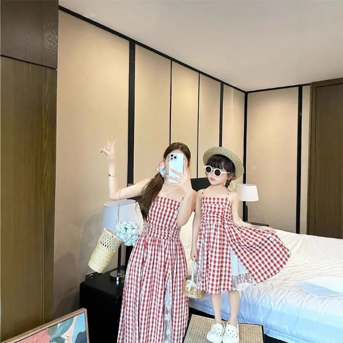 Family Matching Outfits Red Embroidery Plaid Slip Dress and Shirts - ChildAngle