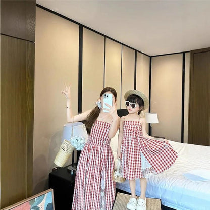 Family Matching Outfits Red Embroidery Plaid Slip Dress and Shirts - ChildAngle