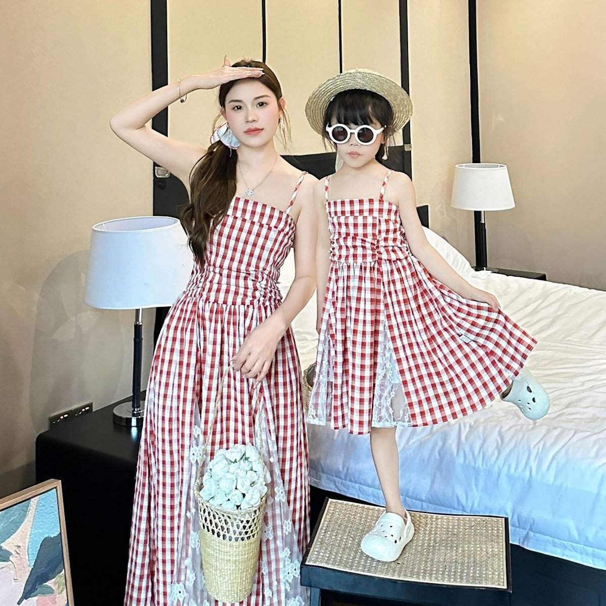 Family Matching Outfits Red Embroidery Plaid Slip Dress and Shirts - ChildAngle